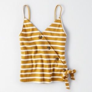 AEO Faux-Wrap Mustard Striped Tank
